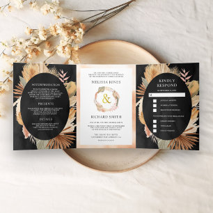 Boho Pampas Gedroogde Palm Zwart All-in-One Trouwe Drieluik Uitnodiging