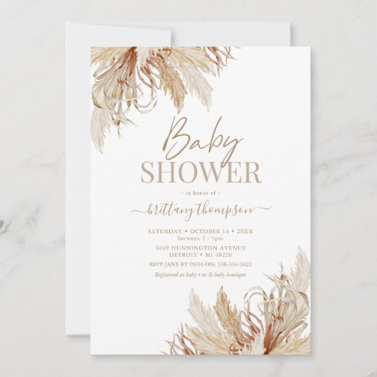 Boho Pampas Gras Baby Shower Uitnodiging (Voorkant)