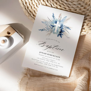 Boho pampas gras blauw bloemenkruis doop kaart