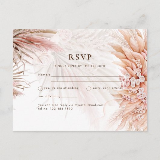 Boho Pampas Gras Bloem Roze Trouwansichtkaart Briefkaart (Voorkant)