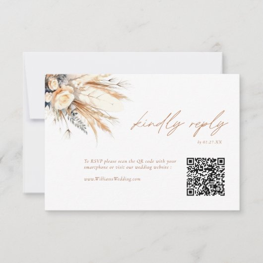 Boho Pampas Gras Bruiloft RSVP QR Code Kaart (Voorkant)