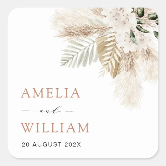 Boho pampas gras en groen bruiloft vierkante sticker (Voorkant)