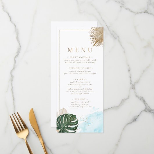 Boho pampas gras en palmen tropisch strand menu (Voorkant / Achterkant in situ)