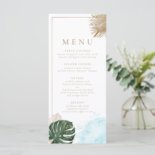 Boho pampas gras en palmen tropisch strand menu (Staand voorkant)