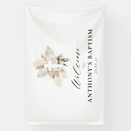 Boho Pampas Gras Groen Bloemen Cross Doop Spandoek (Verticaal)