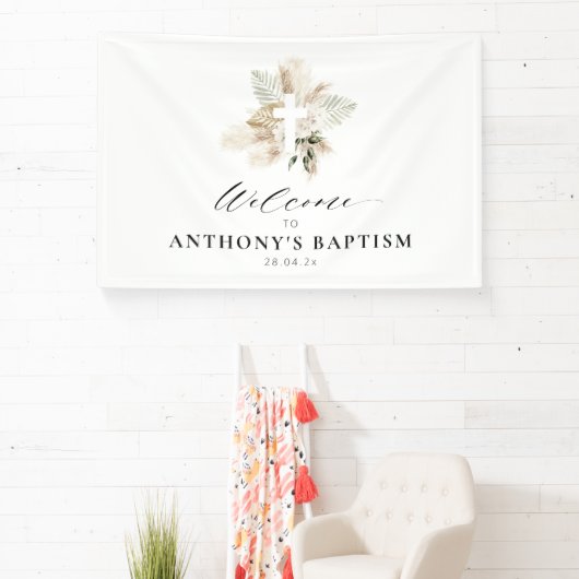 Boho Pampas Gras Groen Bloemen Cross Doop Spandoek (Insitu)