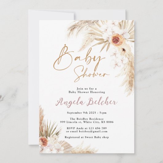 Boho Pampas Gras Meisje Baby Shower Kaart (Voorkant)