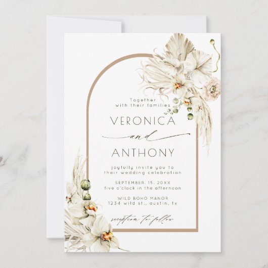 Boho Pampas Gras Orchidee Bloemige Bruiloft Kaart (Voorkant)