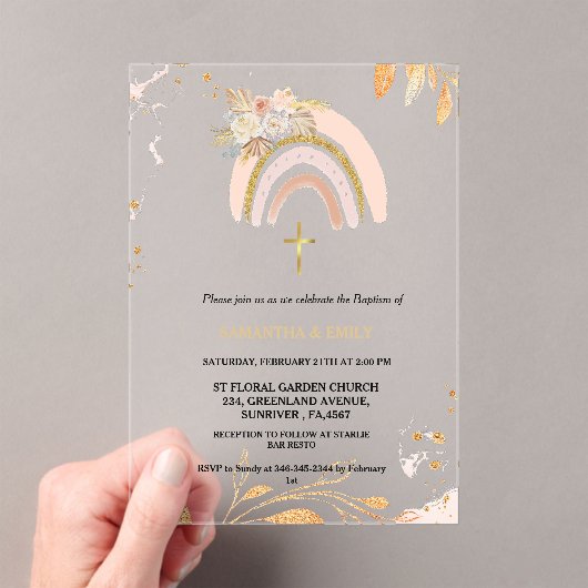 Boho Pampas Gras Regenboog Meisje BAptism doopsel Acryl Uitnodigingen (Insitu (Draagbaar))