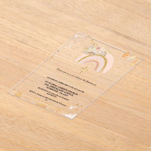 Boho Pampas Gras Regenboog Meisje BAptism doopsel Acryl Uitnodigingen (Laagn)