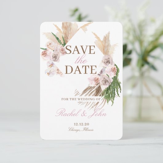 Boho Pampas Gras Roze Bloem Save the date (Staand voorkant)