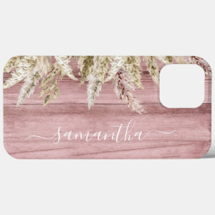 Boho Pampas Gras Roze Houten Look Monogram iPhone 13 Pro Max Hoesje