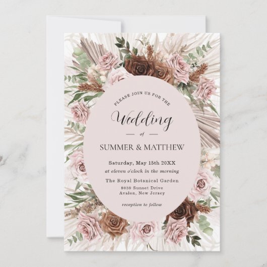 Boho Pampas Gras Stoffig Roze Bruin Bloemen Bruilo Kaart (Voorkant)