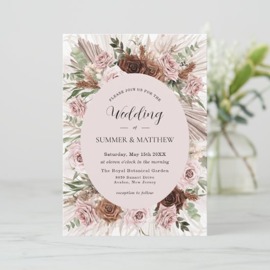 Boho Pampas Gras Stoffig Roze Bruin Bloemen Bruilo Kaart (Staand voorkant)