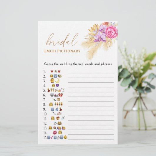 Boho pampas gras vrijgezellenfeest emoji pictionar (Staand voorkant)