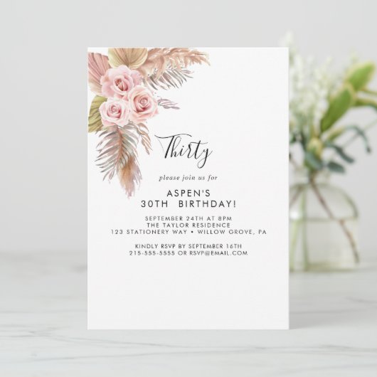Boho Pampas Grass 30e anniversaire Invitation (Debout devant)