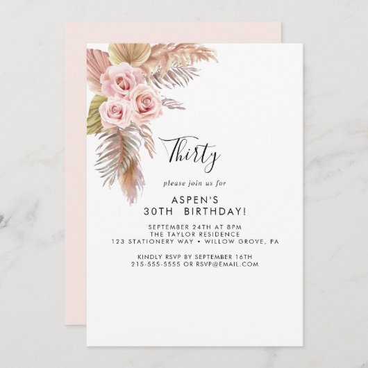 Boho Pampas Grass 30e anniversaire Invitation (Devant / Derrière)