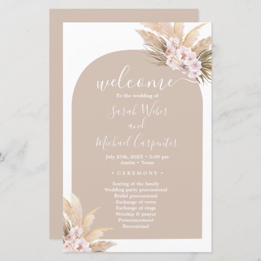 Boho Pampas Grass Arc programme de mariage (Devant / Derrière)