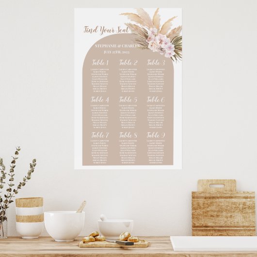 Boho Pampas Grass Arch Wedding Seding Chart Poster (Keuken)