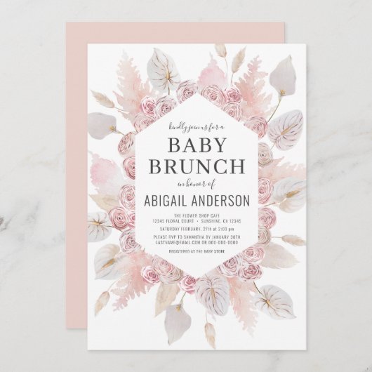 Boho Pampas Grass Baby Brunch Elégante Invitation (Devant / Derrière)