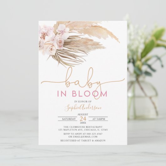 Boho Pampas Grass Baby in Bloom Baby shower Invita Kaart (Staand voorkant)