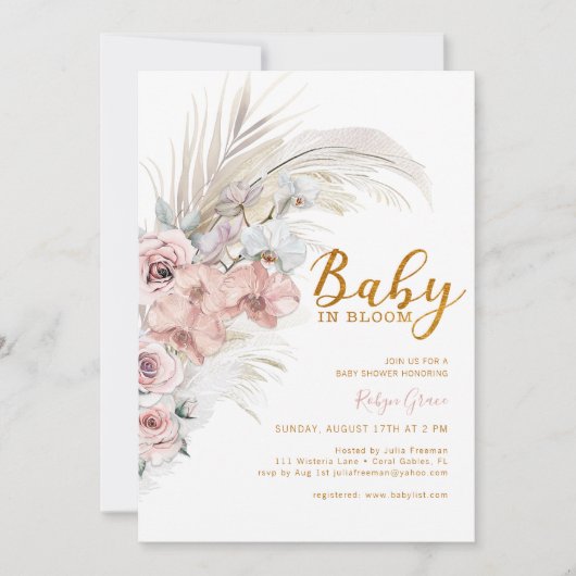 Boho Pampas Grass Baby in Bloom Shower Invitation (Devant)