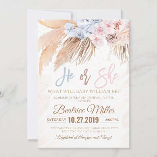 Boho Pampas Grass Baby shower Gender reveal invite Kaart (Voorkant)