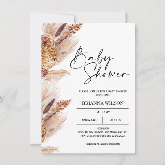 Boho Pampas Grass Baby shower Uitnodiging (Voorkant)