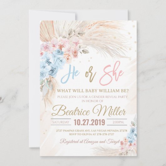 Boho Pampas Grass Baby shower Uitnodiging Hij of Z (Voorkant)