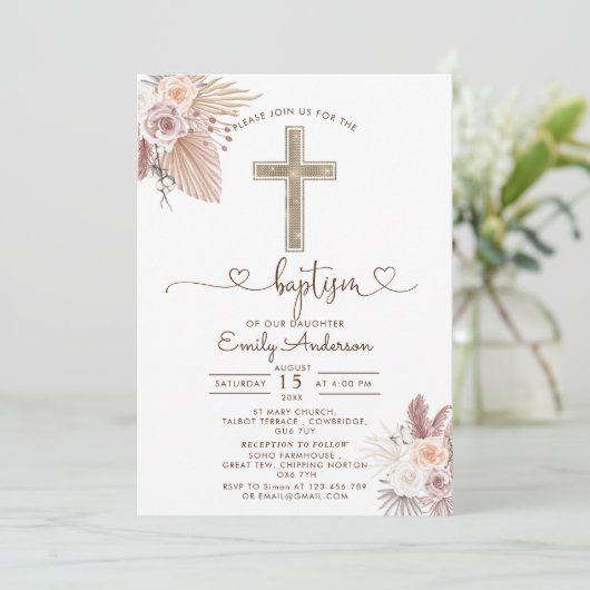 Boho Pampas Grass Baptism Christening Kaart (Staand voorkant)