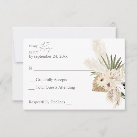 Boho Pampas Grass & Beige Bloemen geen Maaltijd RSVP Kaartje (Voorkant)