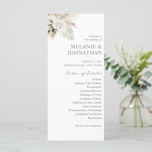 Boho Pampas Grass & Beige L Wedding Ceremony Programma (Staand voorkant)