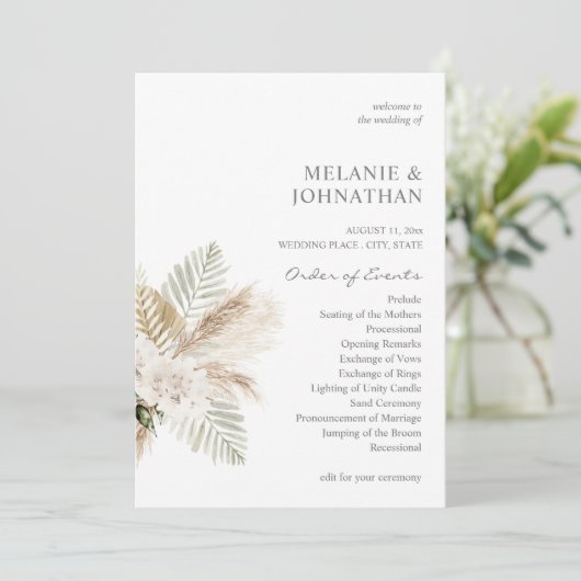 Boho Pampas Grass & Beige Mariage programme de cér (Debout devant)