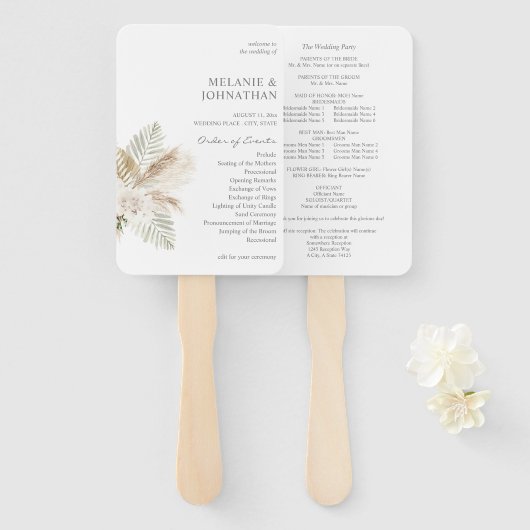 Boho Pampas Grass & Beige Wedding Ceremony Program Handwaaier (Voorkant en achterkant)