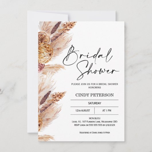 Boho Pampas Grass Bridal Showeuse Invitation (Devant)