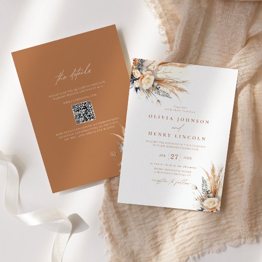 Boho Pampas Grass Bruiloft Bloemen QR Code Kaart