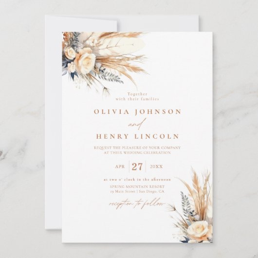 Boho Pampas Grass Bruiloft Bloemen QR Code Kaart (Voorkant)