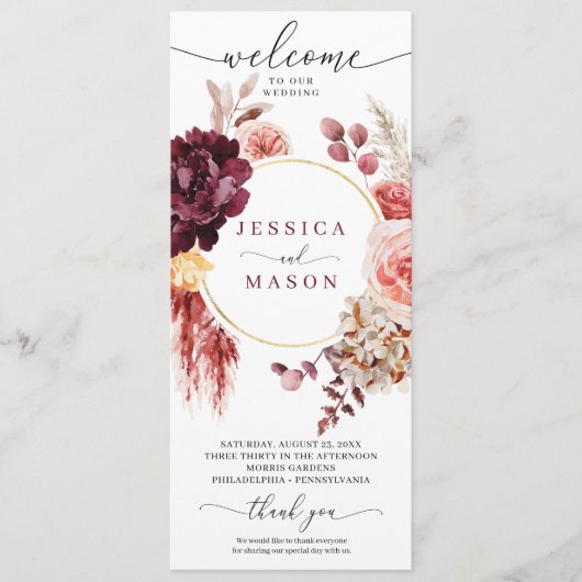 Boho Pampas Grass Burgundy Wedding Programme Programma (Voorkant)