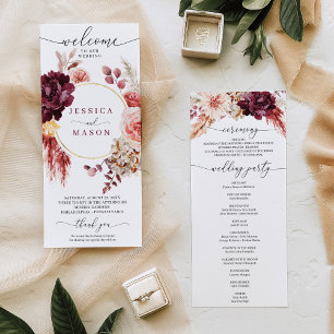 Boho Pampas Grass Burgundy Wedding Programme Programma