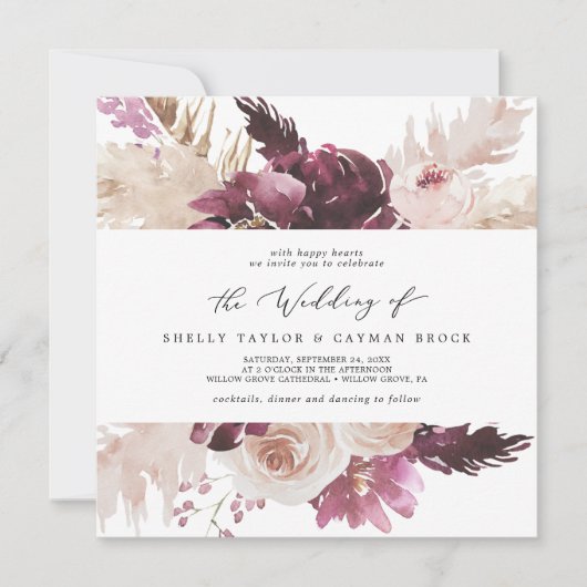 Boho Pampas Grass Carré Faire-part de mariage (Devant)