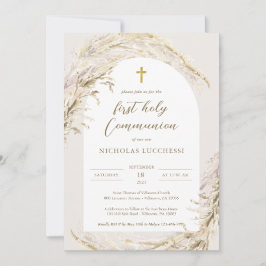 Boho Pampas Grass Communion moderne Invitation (Devant)