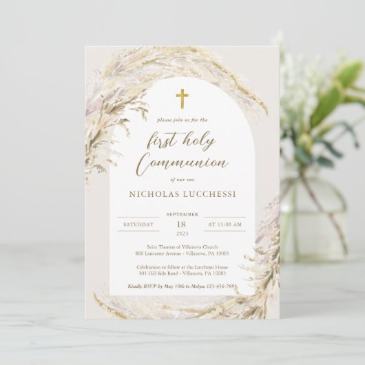 Boho Pampas Grass Communion moderne Invitation (Debout devant)