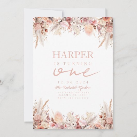 Boho Pampas Grass Eerste Verjaardag Uitnodiging (Voorkant)