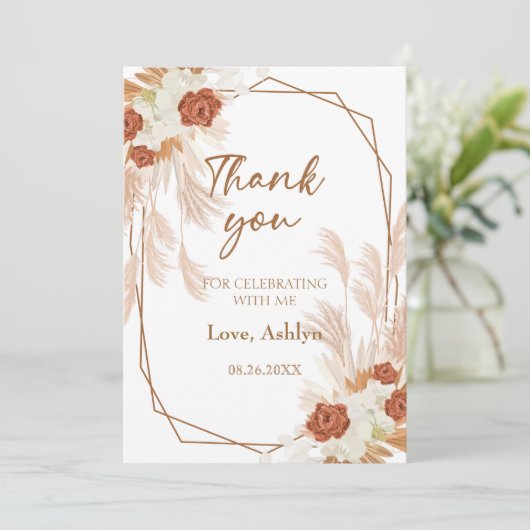 Boho Pampas Grass Elegant Bridal Brunch Terracotta Bedankkaart (Staand voorkant)
