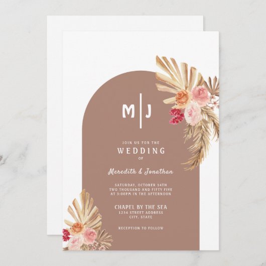 Boho Pampas Grass Floral Arch Faire-part de mariag (Devant / Derrière)