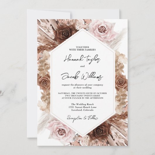 Boho Pampas Grass Floral QR Code RSVP Weddenschap Kaart (Voorkant)