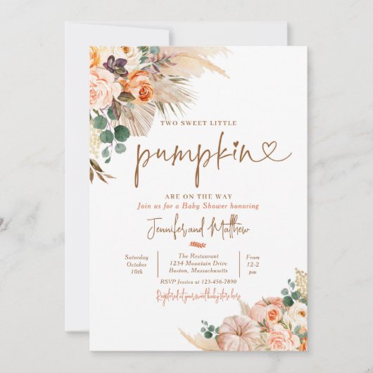 Boho Pampas Grass Floral Twin Pumpkin Baby shower Kaart (Voorkant)