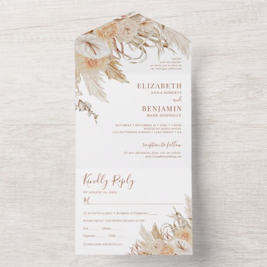 Boho Pampas Grass Floral Wedding All In One Uitnodiging (Binnen)