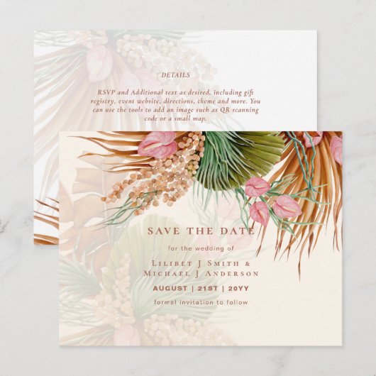 BOHO Pampas grass Floral Wedding Save the Date Pos Briefkaart (Voorkant / Achterkant)