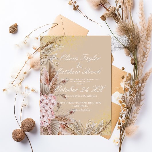 Boho Pampas Grass Flowers Dusty Golden Wedding Kaart